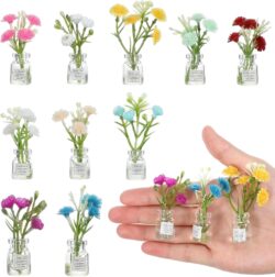 10 Pcs Dollhouse Miniatures Flowers Plants, 1:12 Tiny Small Glow in The Dark Glass Vase Flowers Plant House Decor, Faux Flower Model Miniature Dollhouse Accessories for Tiny Houses